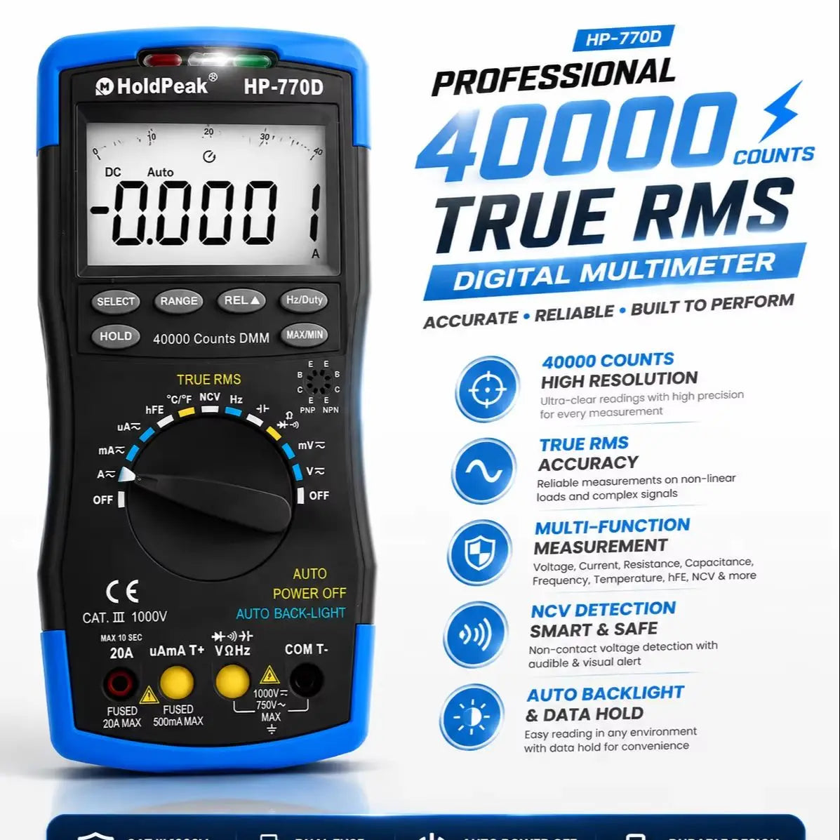HoldPeak True RMS Digital Multimeter Auto Range Multimetro Counts — product view 1