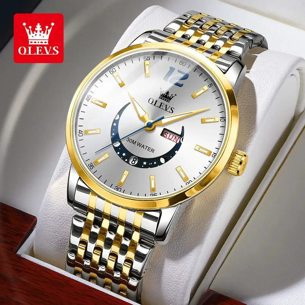 OLEVS Mens Crescent Quartz Watch Water Resistant Timepiece