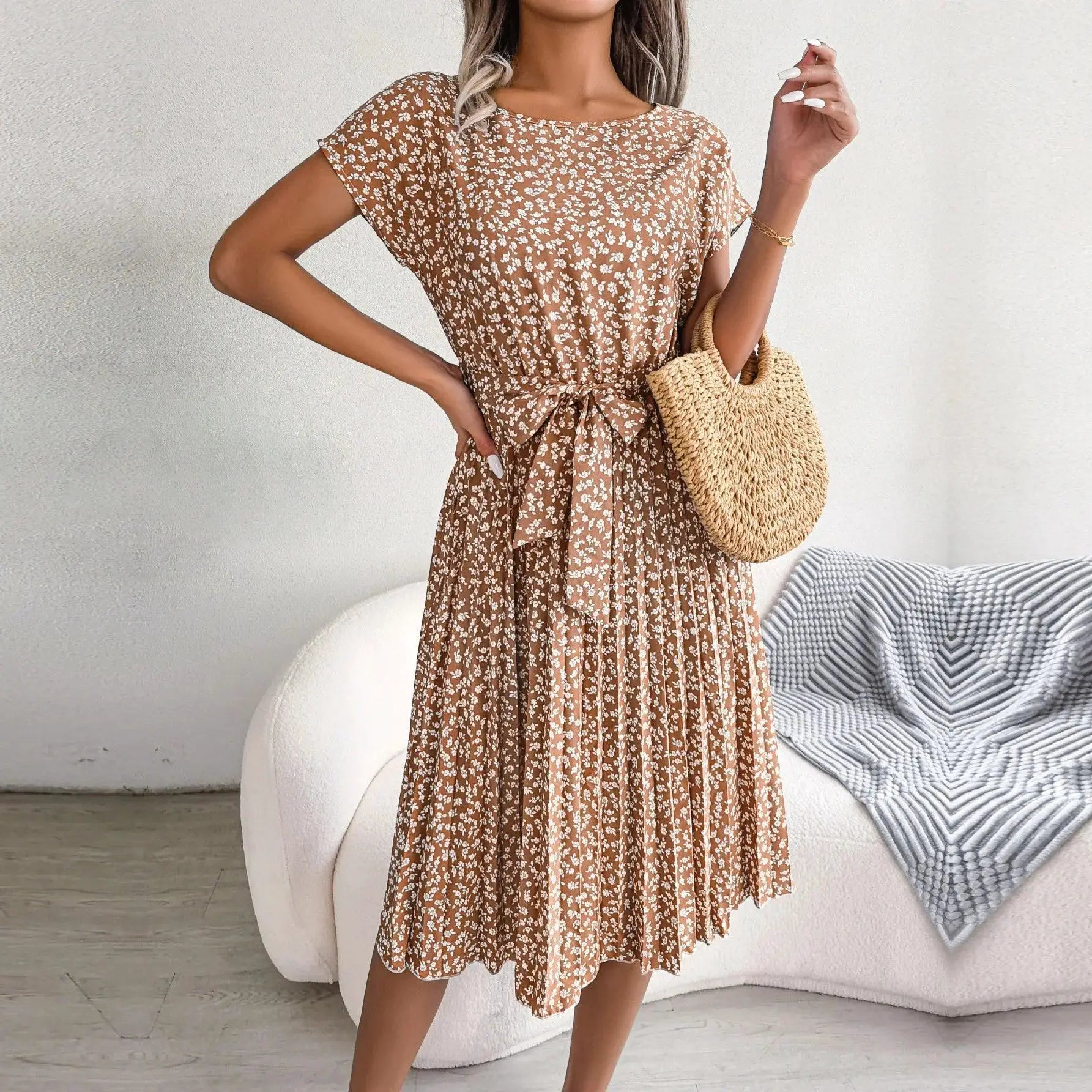 Floral Pleated High Waist Dress Chic Womens Fashion Piece