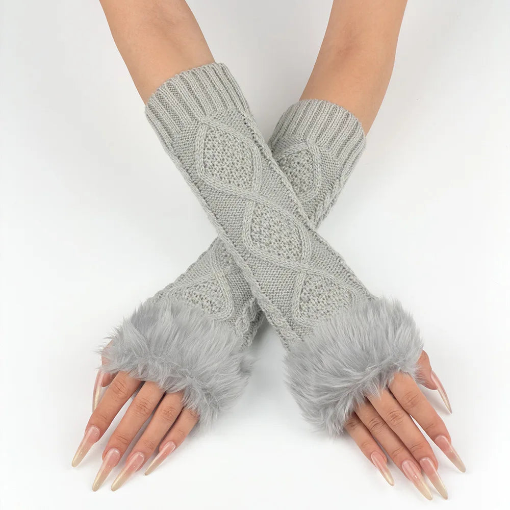 Faux Fur Trim Fingerless Mitts
