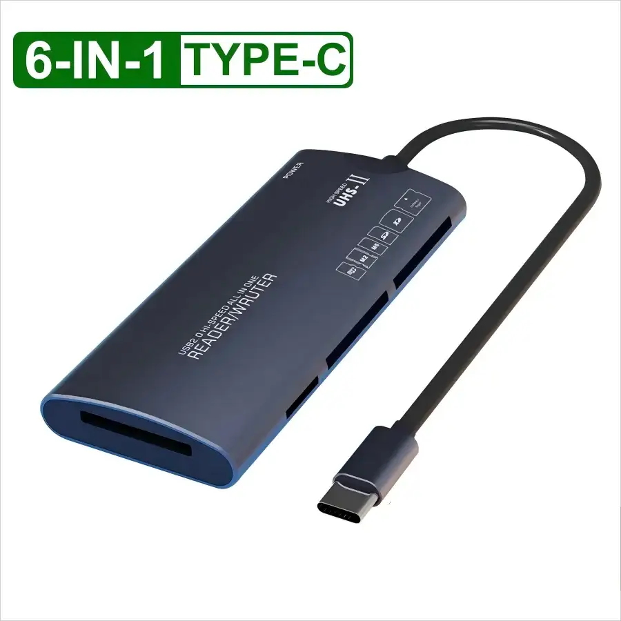 6-in-1 USB 2.0/Type-C Multi-Function Card Reader Memory Card Adapter SD/TF/XD/CF/M2 Data Transfer Suitable for Various Uses