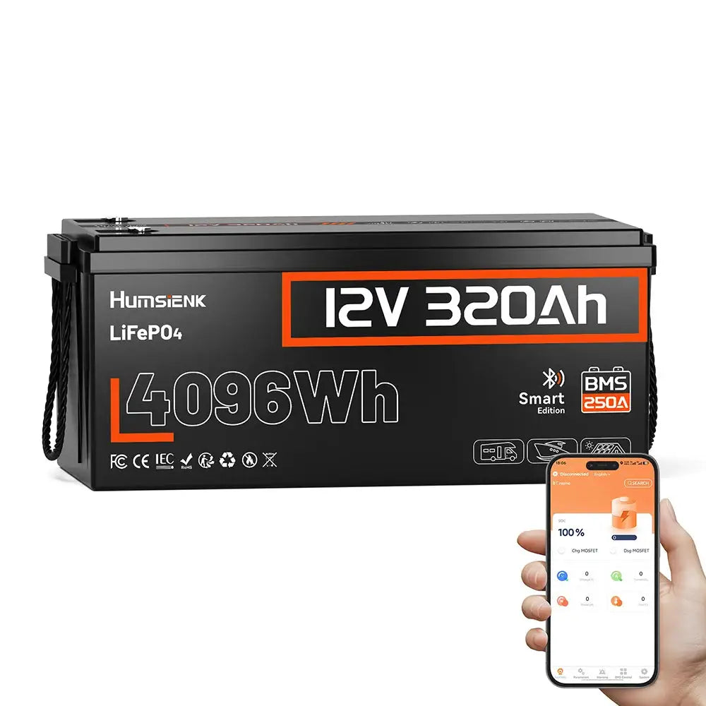 Humsienk 12V 320Ah LiFePO4 Battery 250A BMS With Bluetooth Rechargeable Lithium Battery For RV/Golf Cart/Camp MAX 65.5KWh
