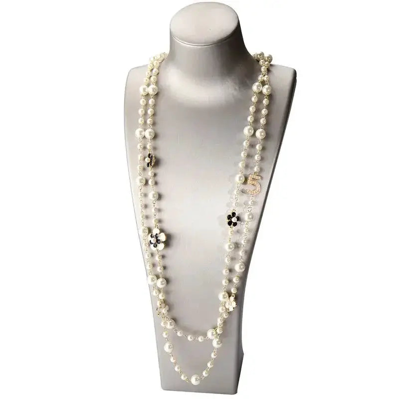 Vintage Lady Camellia Pearls Flower Long Necklace Chain