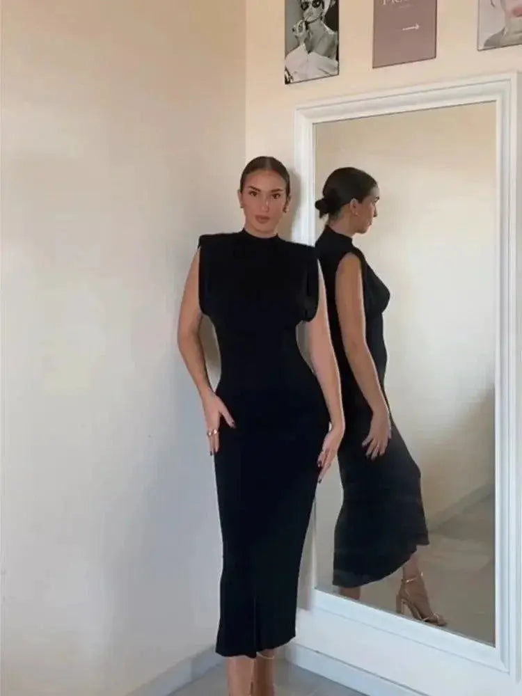 Elegant Split Sleeveless Dress Chic Streetwear Vestidos Women