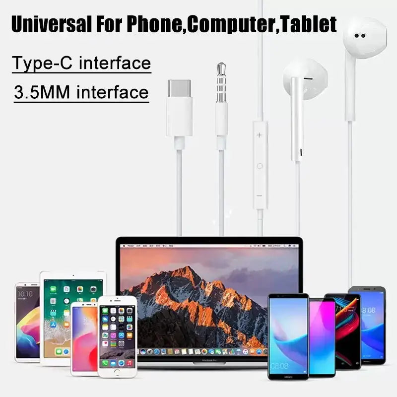 Type C Headphones Wired Earbuds For Xiaomi Redmi Poco Oneplus Google OPPO Huawei Honor Samsung Earphones Laptops Tablet Headset