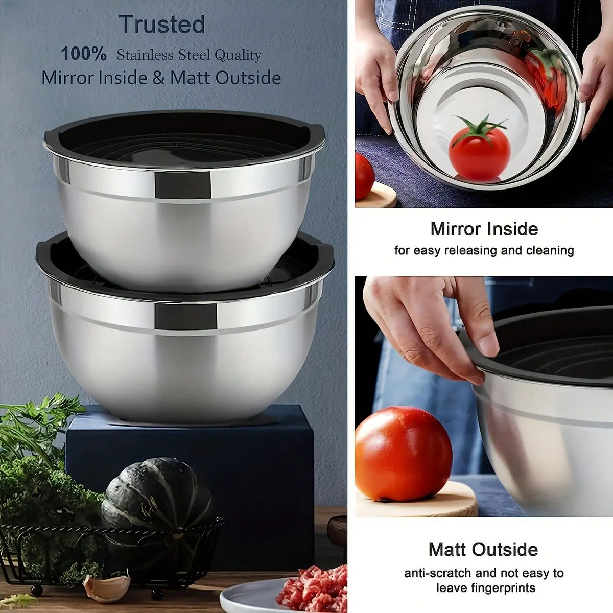 Stainless Steel Mixing Bowls With Lids, Grater Attachments — product view 6