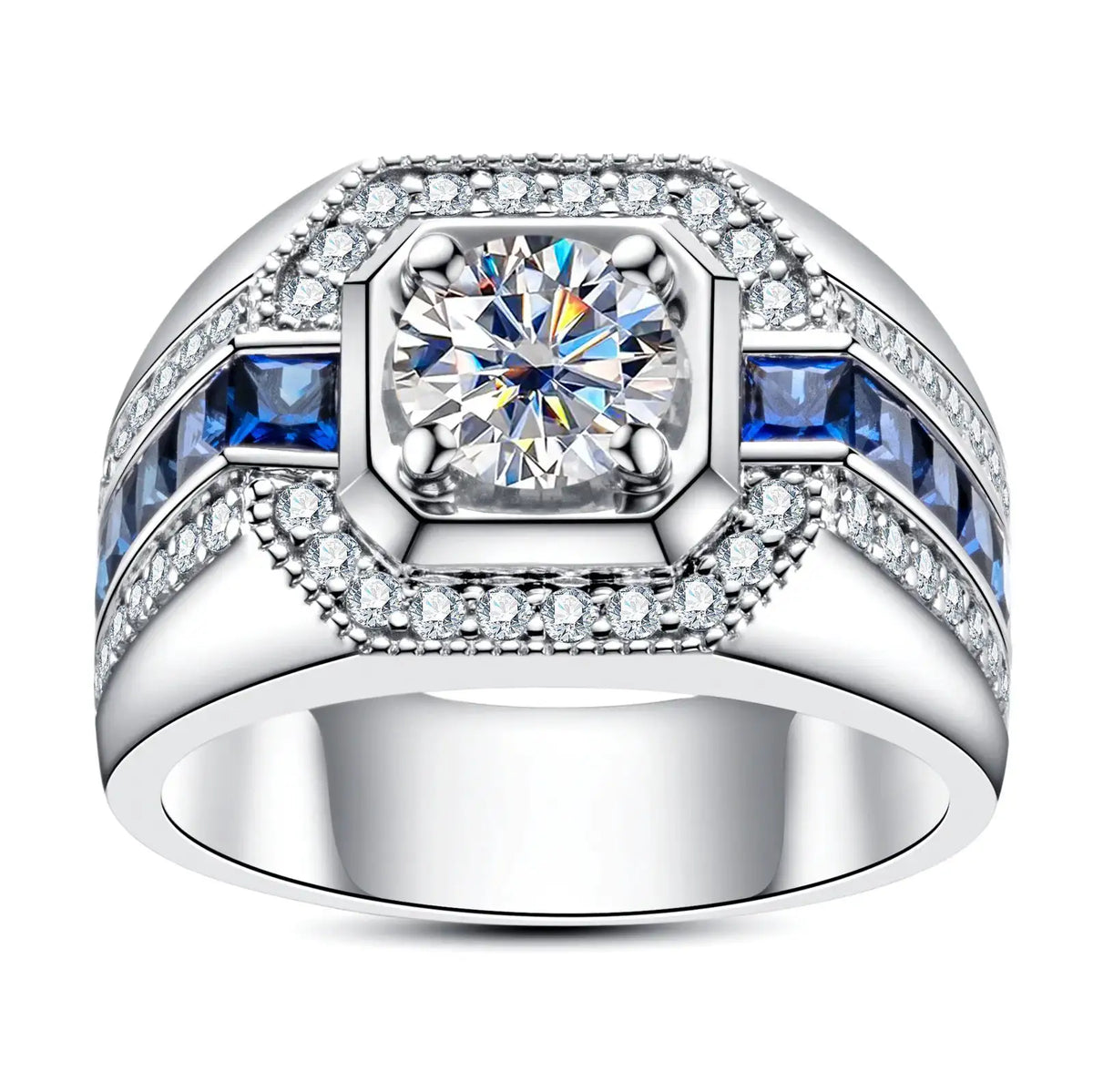 Square-profile statement ring described with a blue moissanite stone