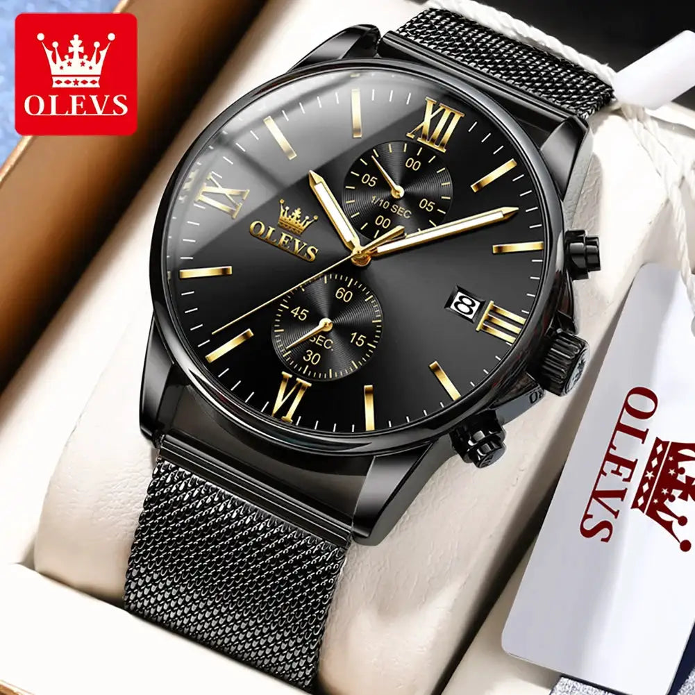 OLEVS 2886 Men's Watches Classic Multifunctional Chronograph Date Original Quartz Wristwatch Mesh Belt Waterproof Luminous Reloj