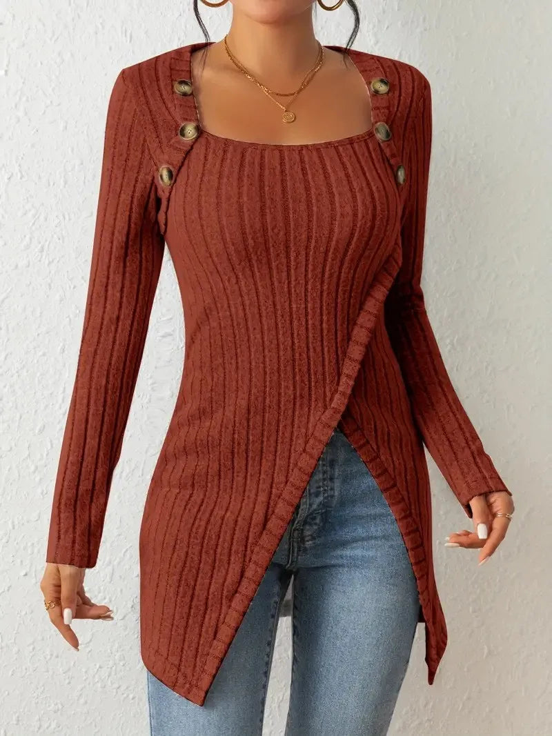 Square Neck Asymmetric Button Sweater