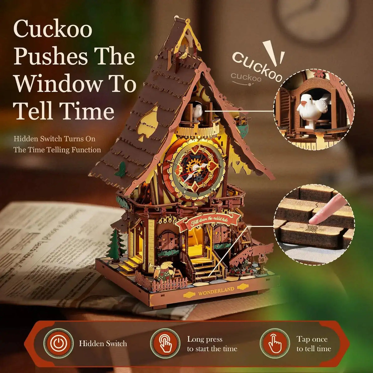 Robotime Rokr 3D Wooden Puzzle Cuckoo Clock Kit Black Forest Style with Working Bird DIY Clock Model Kit for Kids Adults Model