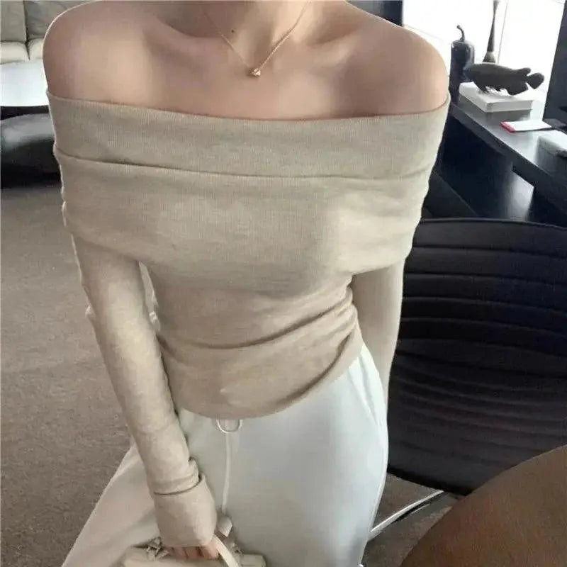 Knit Slash Neck Sweater Defined Waist Elegant Top Collection