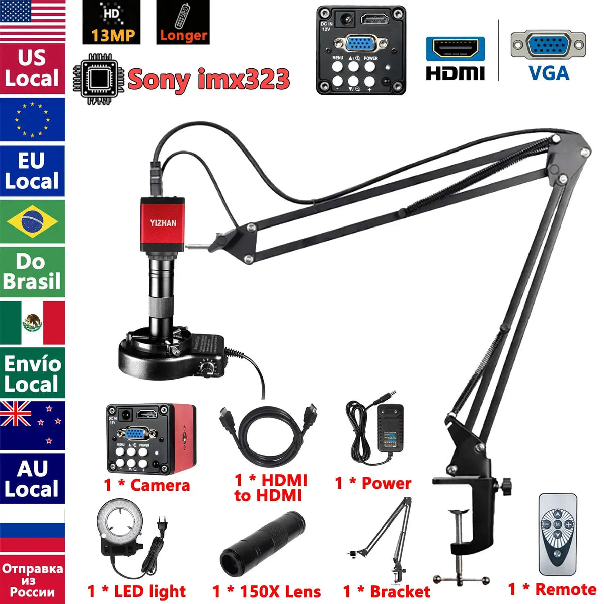 4K 60MP Industrial Microscope With Enhanced Stand, 150X Digital Video Microscope With USB-C HDMI Port For PCB Soldering Repair