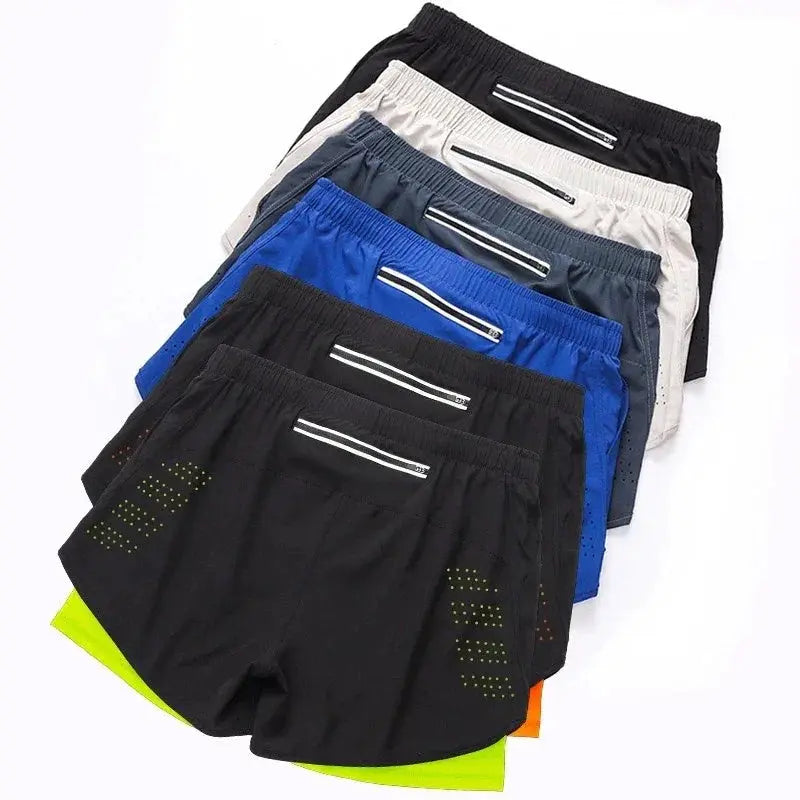 Men Quick Dry Double Layer Running Shorts Black Fitness