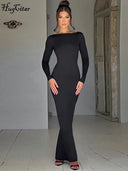 Hugcitar Backless Long Sleeve Bodycon Maxi Dress Solid Prom Party Y2K Night Glow