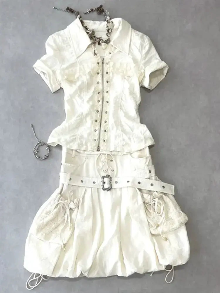 Punk Dresses 2 Pieces Harajuku Gyaru Streetwear Zipper Shirt Short-sleeved Polo Neck Fashion Y2k Mini Skirt Vintage 2000s Dress