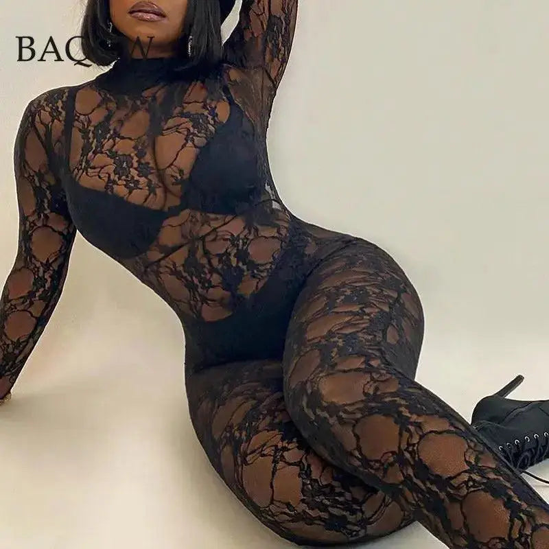 Sultry Lace Mesh Bodysuit With Gloves For Night Out