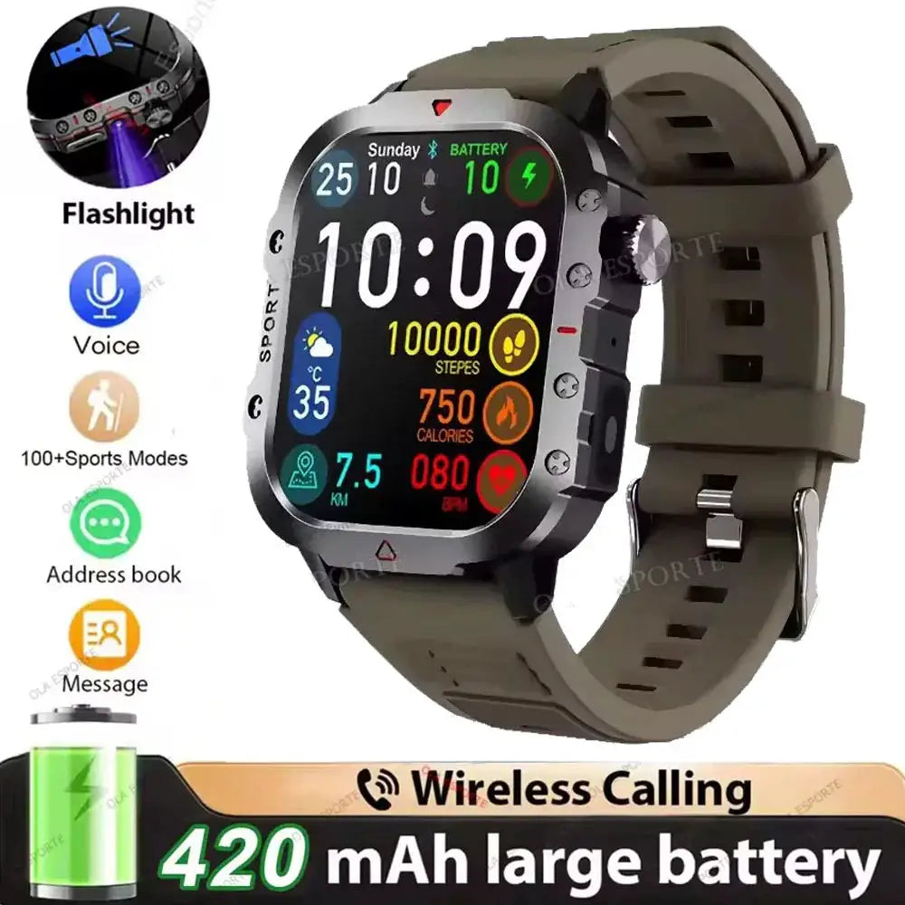 2026 New Military-grade Smart Watch Men GPS Flashlight 3ATM Waterproof Watch Bluetooth Call 100+Sport Outdoor Smartwatch Pk HT30