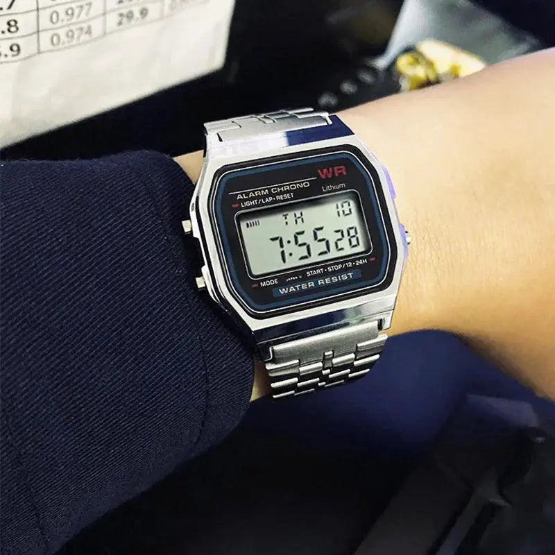 LED Steel Band Wristwatch With Alarm Stopwatch Timepiece