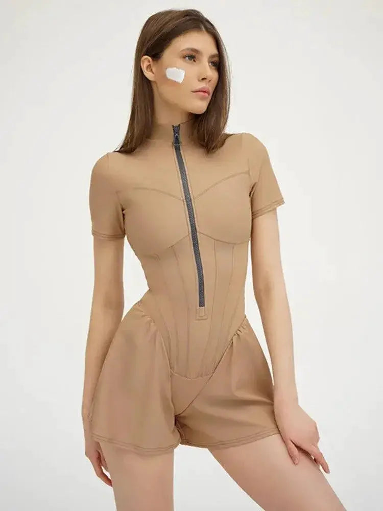 Autumn Elegance Zip Up Bodysuit O Neck Design Fashion
