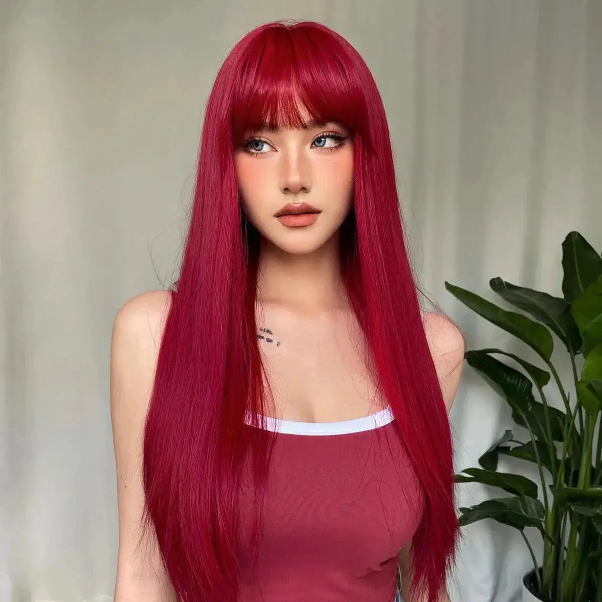 Wine Red Cosplay Wig Long Straight Hair Heat Resistant