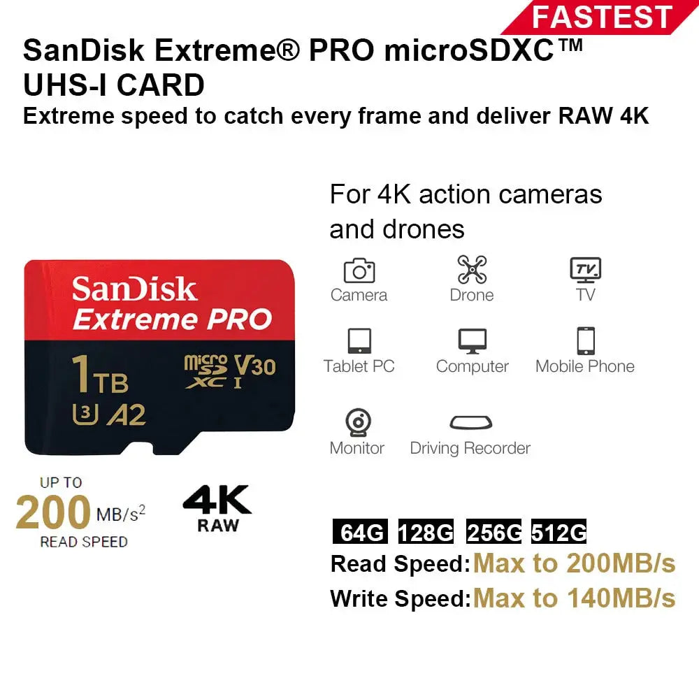 SanDisk V30 Micro SD Extreme PRO 32GB 64GB 128G 256G 512GB 1TB UHS-I Memory Card TF Card 200MB/s C10 U3 4K for Camera Steam Deck