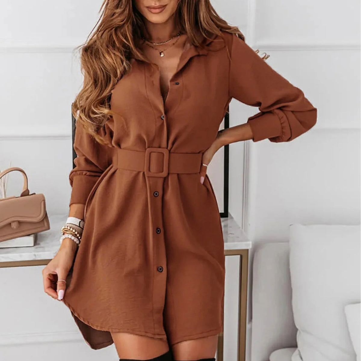 Curve Lapel Slim Shirt Dress