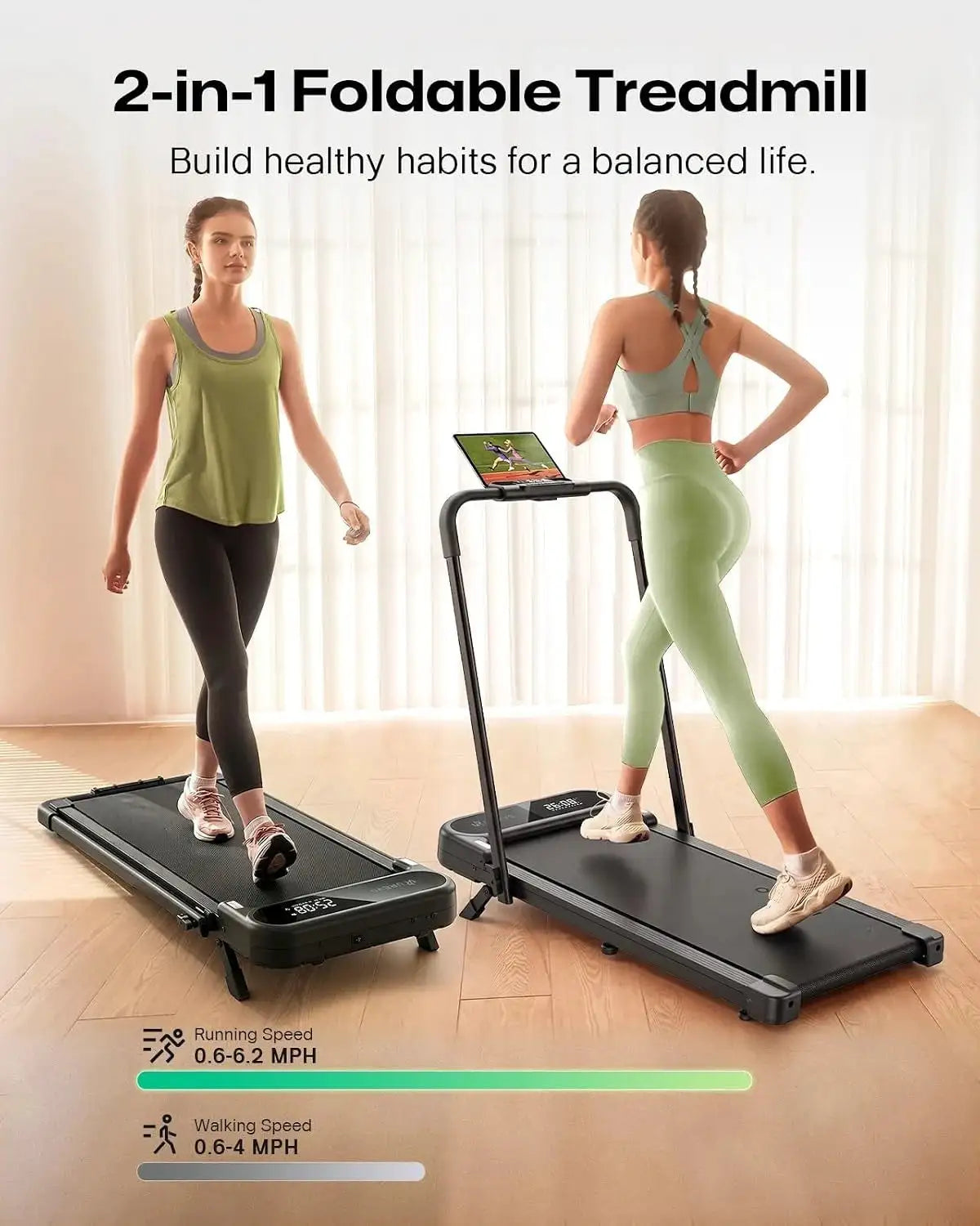 Smart Compact Plug-And-Play Under-Desk Walking Pad Treadmill, 12% Adjustable Incline, Safety Handle Bar, LED Display & APP Connection for Home & Office Walk-Run Training