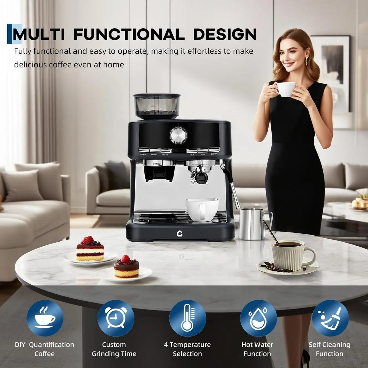 Espresso Machine with Grinder, Italian Semi-Automatic Pressure — product view 3