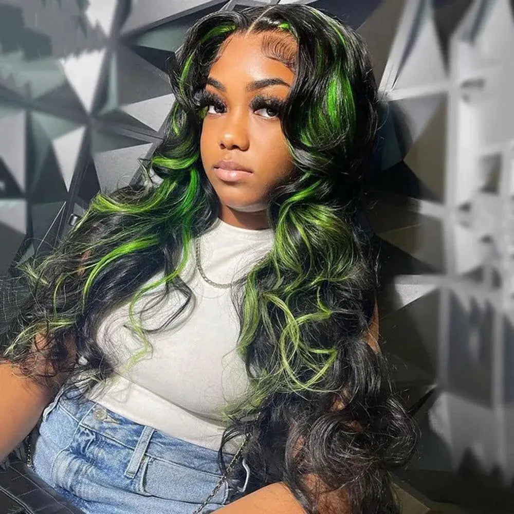 Vibrant Highlight Green Body Wave Lace Front Wig Remy Hair