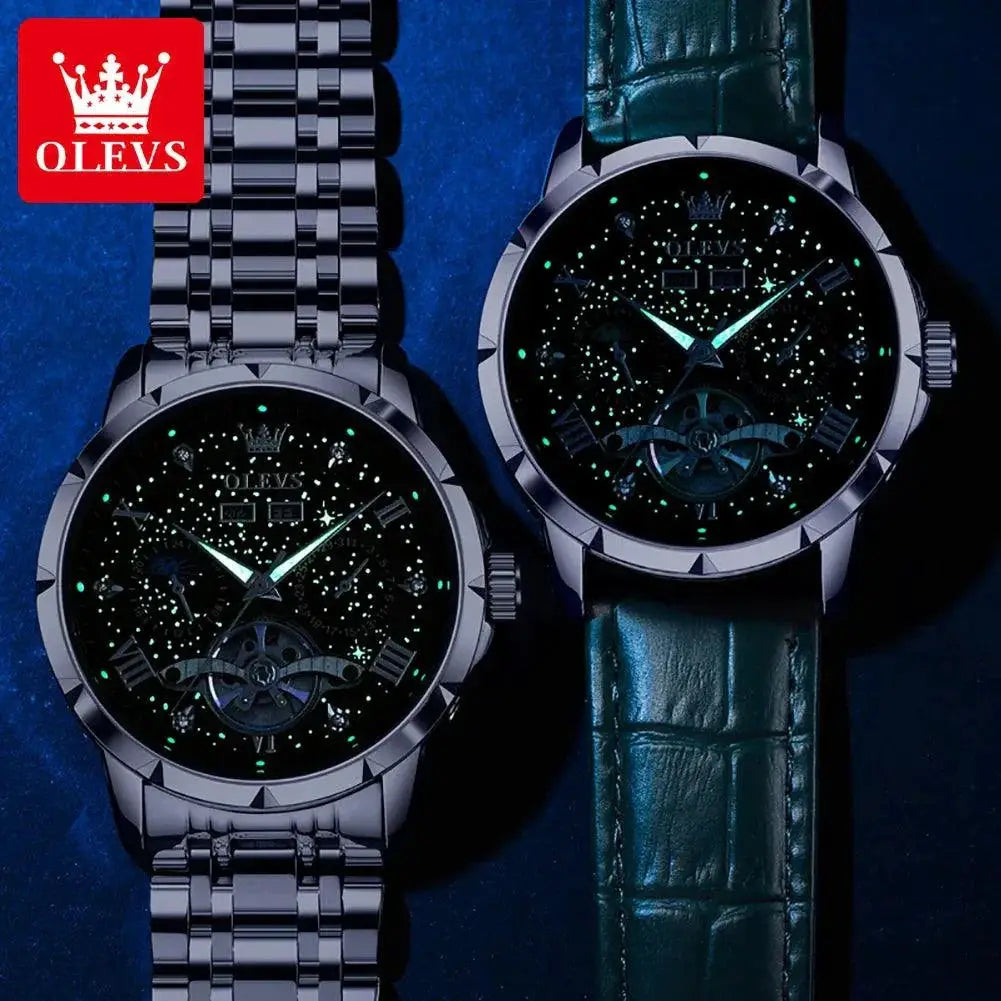 OLEVS Mens Moon Phase Hollow Flywheel Luxury Wristwatch