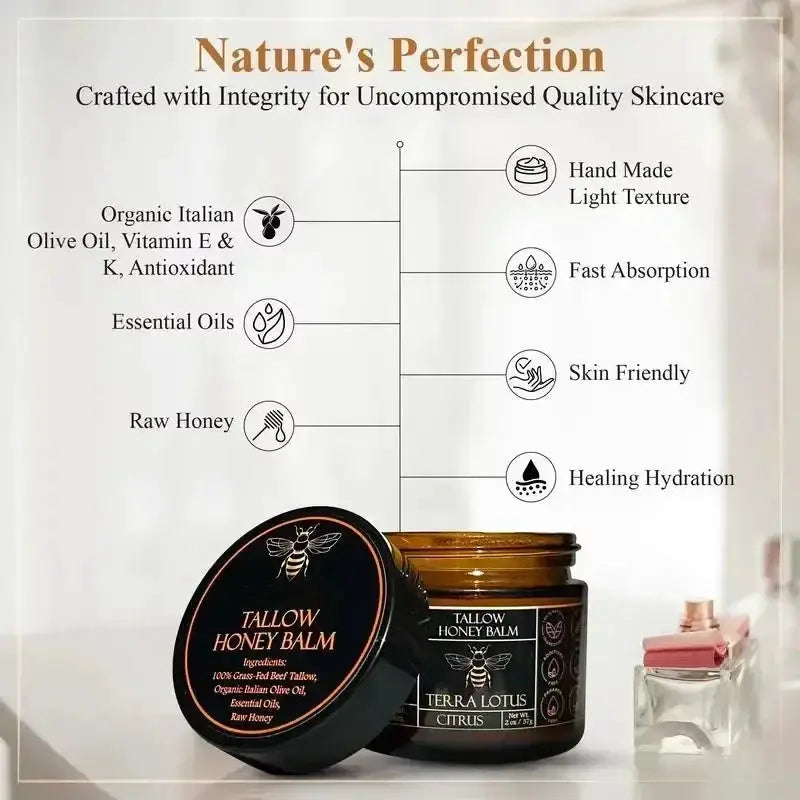 Organic Grass Fed Beef Tallow Balm With Raw Honey Moisturizing Cream For Soft Smooth Skin Handmade All-Natural Moisturizer Skin