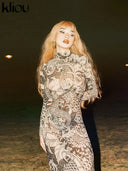 Kliou Mesh Vintage Prints Maxi Dress Women Sheer Long Sleeve Bodycon Party Dress