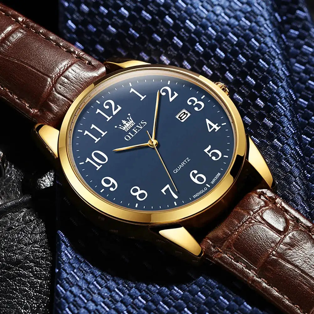 OLEVS 5566 Fashion Quartz Watch For Men Leather Strap Waterproof Original Watch Arabic Numeral Scale HD Calendar Window Watch