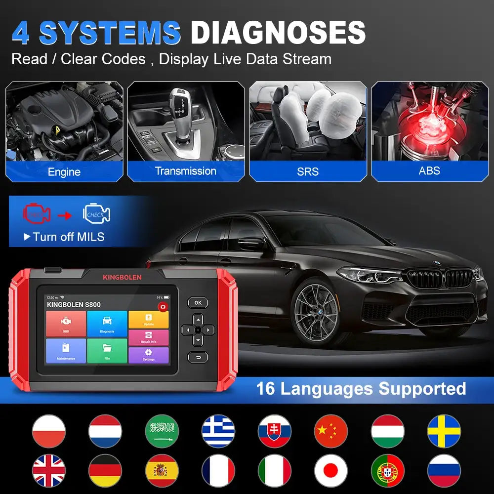 KINGBOLEN S800 5 inch Car Diagnostic Tools ABS SRS ECM TCM 4 systems 15 Resets IMMO DPF TPMS Lifetime Free All OBD2 Scanner