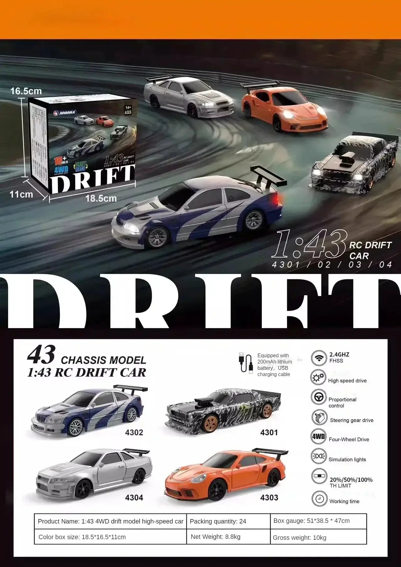 2 4G RC Drift Car 1 By 43 Scale 4WD Remote Control Toy