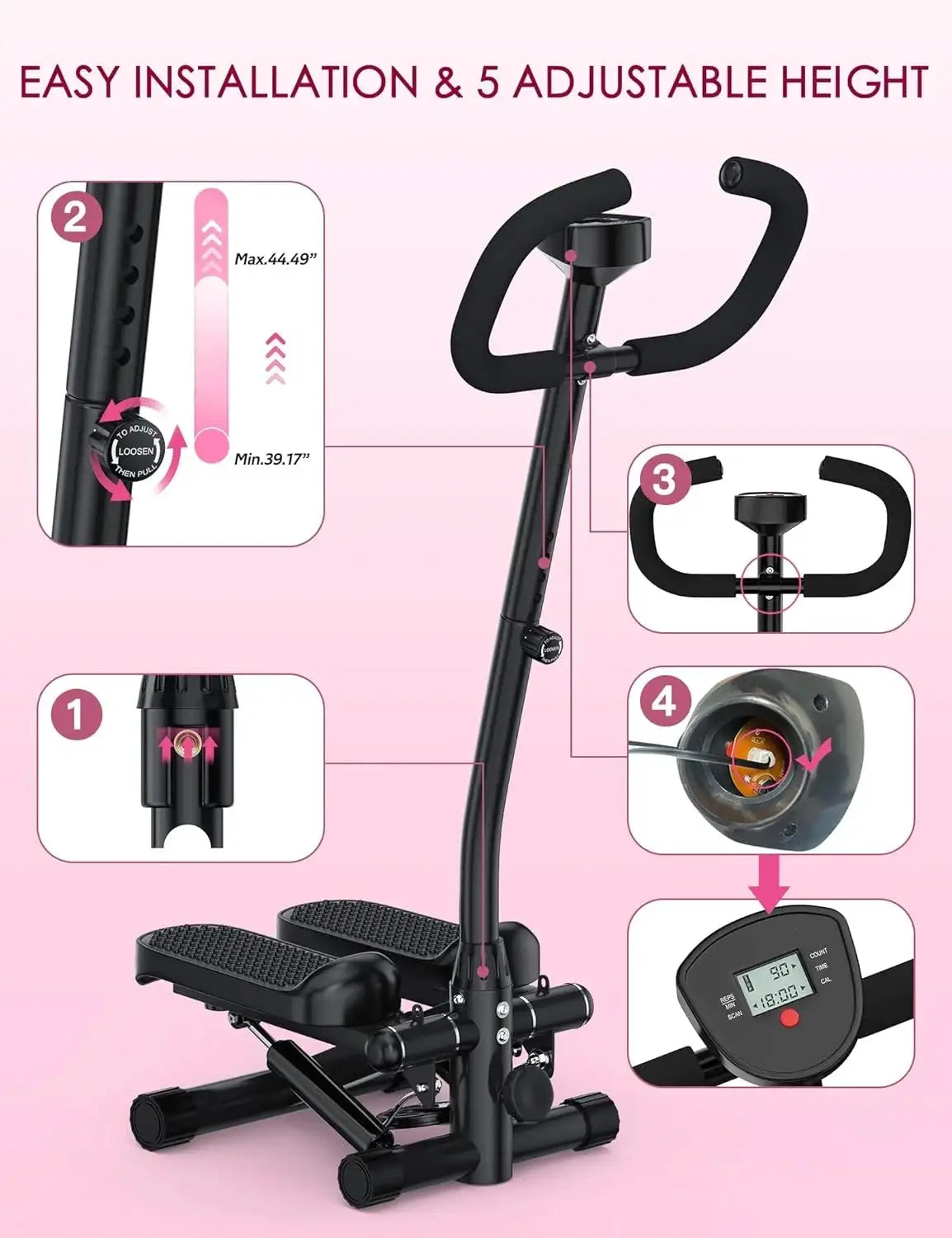 Multi-functional Adjustable Stepper Stair Climber Machine Aerobic Mini Stepper with Resistance Bands and Floor Mat
