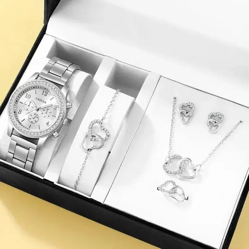 Rose Gold 6 Piece Luxury Jewelry Set For Women Watch Ring