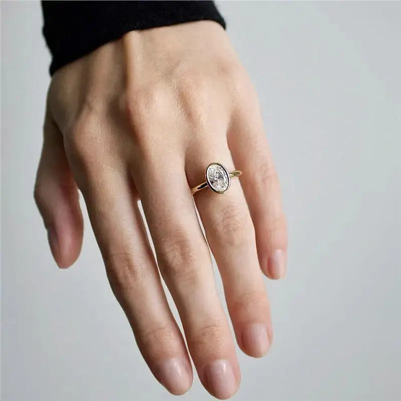 Classic Oval Moissanite Ring Gold Plated 925 Silver Bezel Set Promise Ring for Bridal Wedding