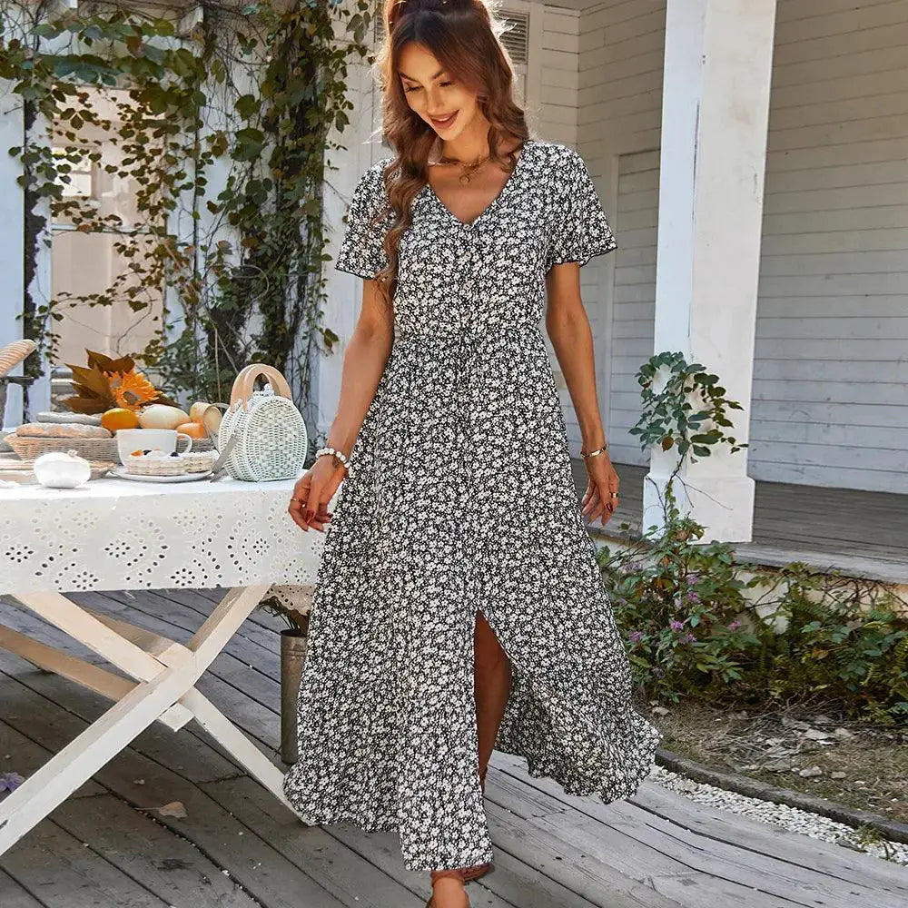 Vintage Floral Summer Dress With High Waist Slit Beachwear
