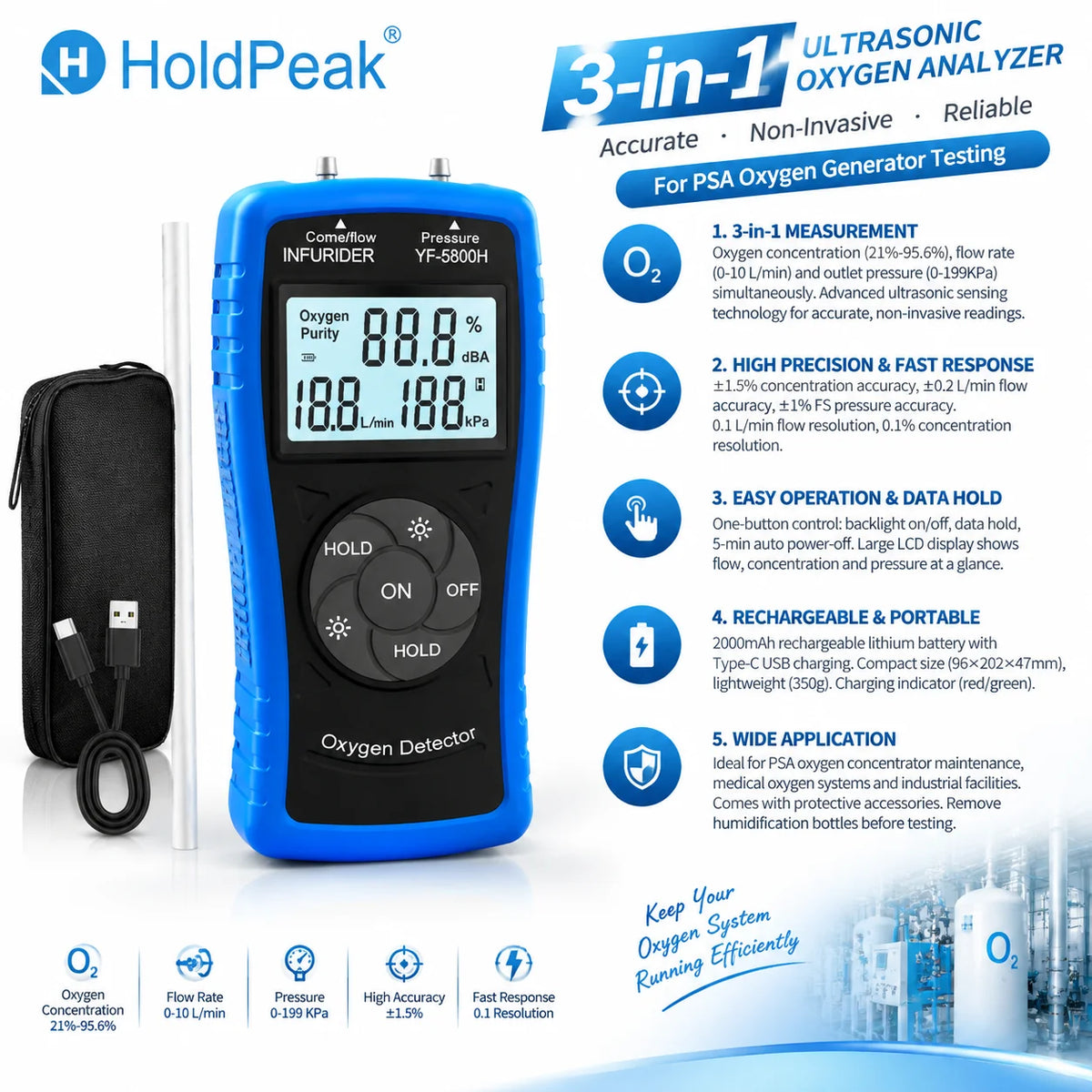 Handheld Ultrasonic Oxygen Detector, Flow/Concentration/Pressure — product view 1