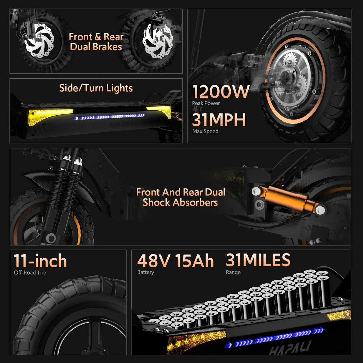 Off-Road Electric Scooter, 1200W Motor, 31 Miles Range, 31 MPH, 11' All-Terrain Tire Double Suspension Side Light Disc Brakes for Adults