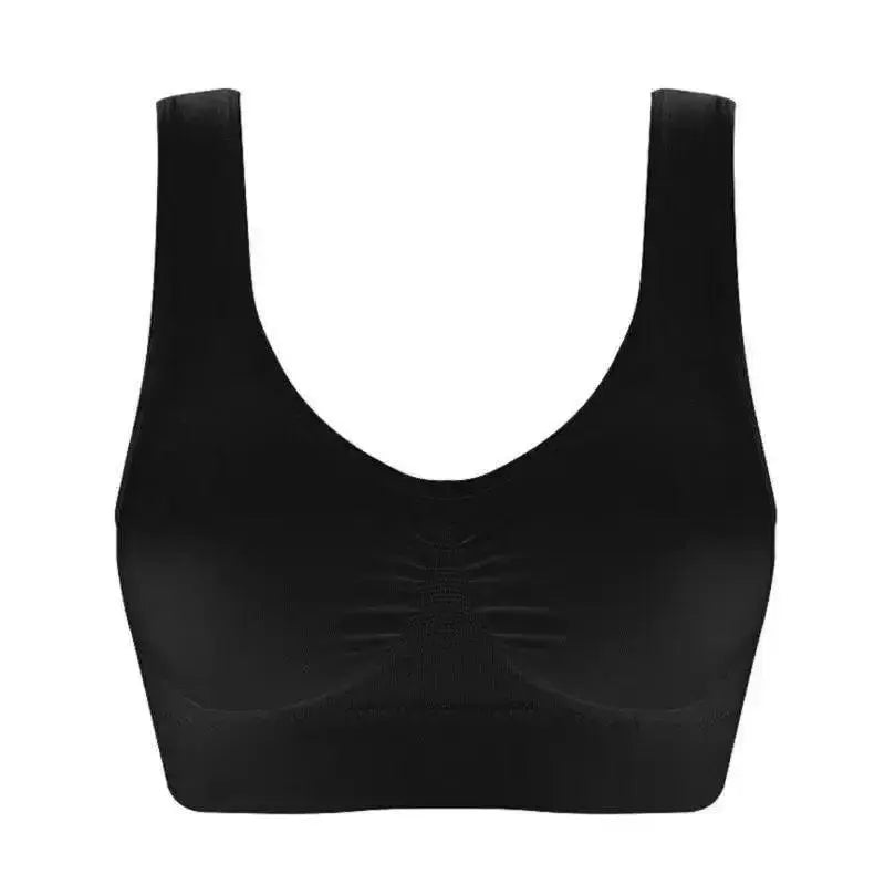 Seamless black sports bra with wide straps, premium activewear at OurLum.com