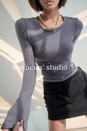 Ruched Long Sleeve Street-Style Tee Double-Sided Chic Top