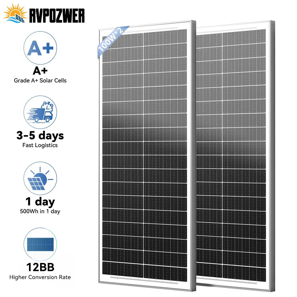 RVPOZWER 12.8V 400/200/100W Rigid Solar Panel 12BB N-Type Solar Cells Monocrystalline Silicon Waterproof Solar Panel Home/RV