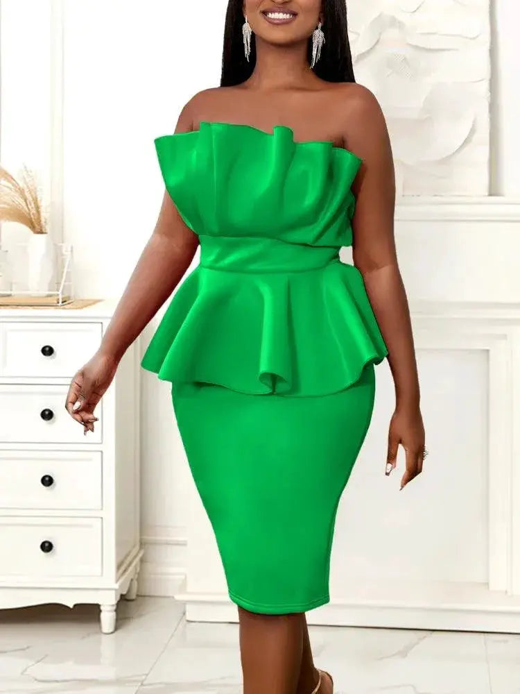 Red Ruffle Peplum Shoulder Dress Plus Size Evening Gown