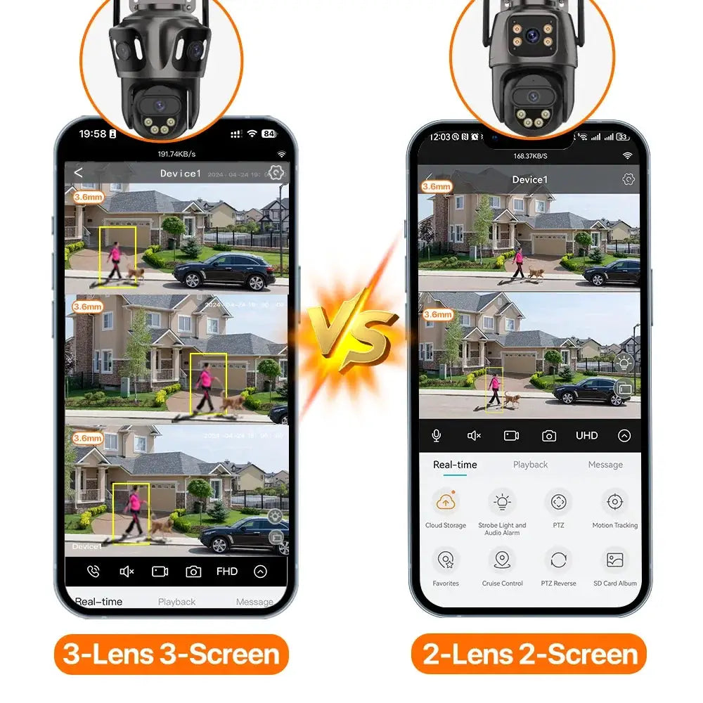 Three Screen WiFi IP Camera - 4K Dual Lens PTZ With AI Detection IP66 Waterproof by stepyours.com