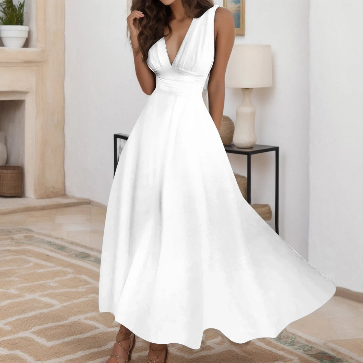 White Plunging Sleeveless Maxi Dress