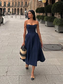 Suninheart Elegant Spaghetti Strap Midi Dress Navy Blue