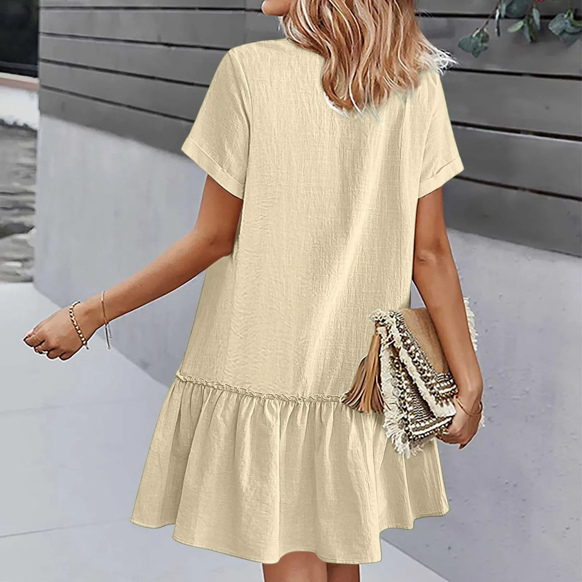 Button Front Ruffle Tunic Dress