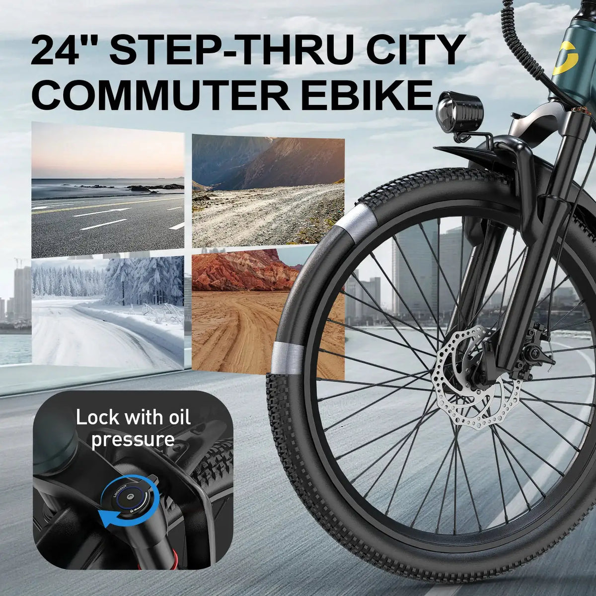 GT300 24 Inch Electric Mountain Bike for Adults, 400W(Peak 748W) Brushless Motor Ebike, 36V 10Ah Removable Lithium Battery, Shimano 7-Speed Gears, 22MPH Electric Bicycle for Urban Daily Commuting Short Trips